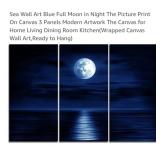 NEW 3 Pc Blue Full Moon over the Sea Wall Art,