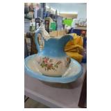 Large Blue & White Ceramic Pitcher & Bowl Set