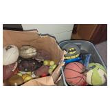 Large Box & Tote full Basketballs, Footballs,