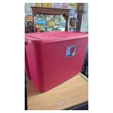 Large 32 Gallon Red Tote with Locking Handle Lid.
