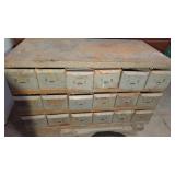 Vintage 18 Drawer Hardware Bin & Contents.   Very
