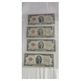 (4) 1928 Series  Red Seal $2 bills