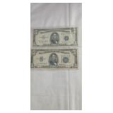 (2) Blue Seal $5 Silver Certificates  1934 &1953