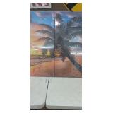 (New) (3) Pc   Tropical Palm Tree Wall Art Sunset