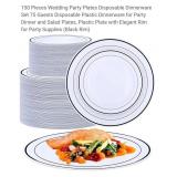 NEW 150 Pc Disposable Dinnerware - White w/ Black