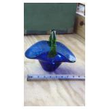 Blue Glass Basket with Green Handle No Damage