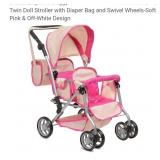 NEW Twin Doll Stroller & Diaper Bag, Pink &