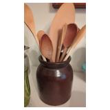 Brush Pottery Crock With Wood Kitchen Utensils.
