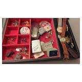 Estate Mens Jewelry Box Watches, Tie Tacks,