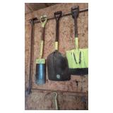 Misc. Shovels & Pitchfork & other items on wall