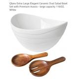 NEW Ceramic Oval Salad Bowl & Acacia Wood