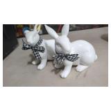 2 Rabbit Figurines With Buffalo Plaid Ribbons. 6"