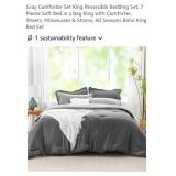 NEW 7 Pc King Size Bed in a Bag, Grey, Reversible