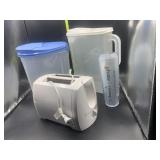 Toaster, 2 cereal containers and cup