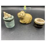 2 trinket boxes and cat figurine