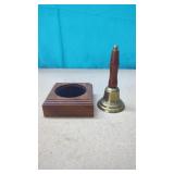 Brass Hand Bell  On Walnut Wood Block.  Rings