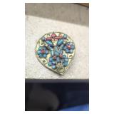Vintage Nepalese or Tibetan Brass Brooch inlaid