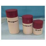Vintage 3pc Red& White Metal Canister Set  with