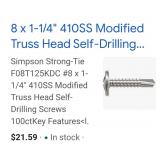 100 #8 x 1-1/4" Truss Head Self Drilling Screws