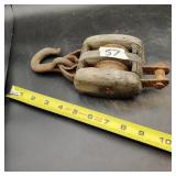 Double Wood Barn Pulley with metal Hook  10"