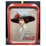 Coca Cola lady with feather hat metal tray 11x15