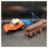 Vintage train engine and metal dune buggy