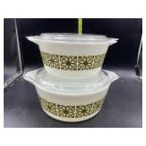 2 white n green Pyrex bowls with glass lids