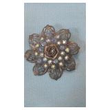 Vintage Rhinestone Brooch with Metal Rose in