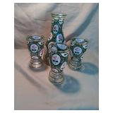 Hand blown and hand painted glasses and vase. One
