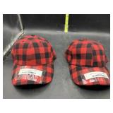 2 red buffalo plaid hats