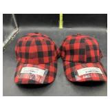 2 red buffalo plaid hats