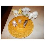 Amber Depression Glass Plate & Elephant Figures