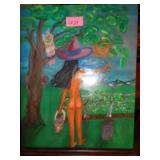 Oil On Canvas Lady with Witch Hat w/ Owl