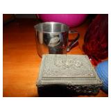 Amberina Bud Vase, Metal Jewelry Box, Creamer Lot
