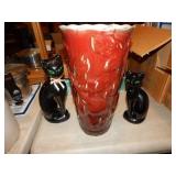 Large Heavy Pottery Vase & 2 Black Cat Figurines