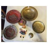 Brass Bowls, Decorative Plates and Doll