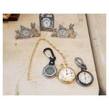 Lot of Pocket Watches and Miniature Cat Clocks.