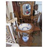 Oak Washstand with Pitcher & Bowl