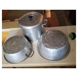 3 Aluminum Pans. Canning. Visible wear and dents.