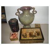 Decorative Lot-Metal Urn, Wood Angel Boxes