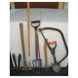 Small Garden Tools,Pitch Fork, Pick Ax(in garage)