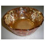8 Inch Basket Weave Carnival Glass Bowl