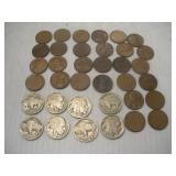 Buffalo Nickels (8) and Wheat Pennies (28)