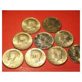 (9) 1964 KENNEDY SILVER HALF DOLLAR COINS