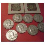 (10) US Franklin Silver Half Dollars