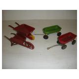 Toy Tin Wagon & Wheel Barrows