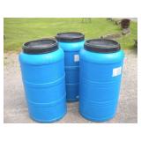 3 PLASTIC 55 GAL DRUMS W/ LIDS