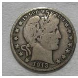 1913 (D) BARBER HALF DOLLAR
