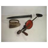 VINTAGE DRILL AND SAD IRON