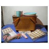 1950'S WICKER PICNIC BASKET W/DISHES